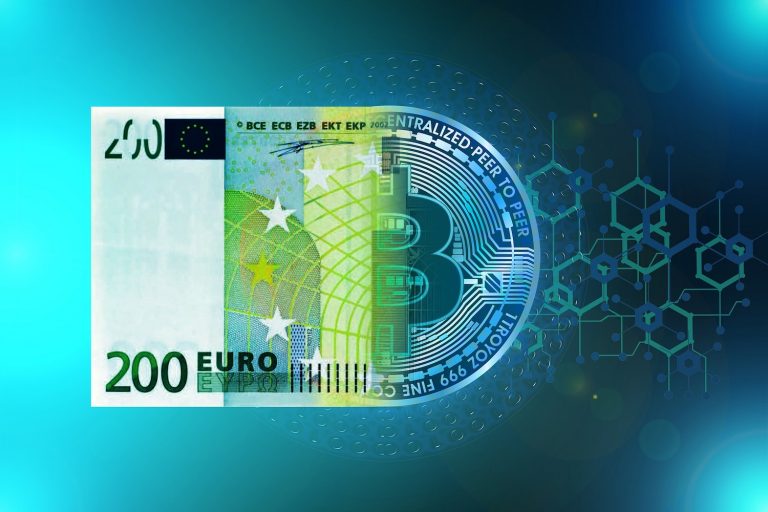 Bitcoin Bitcoin physische Münze und 200 Euro Schein