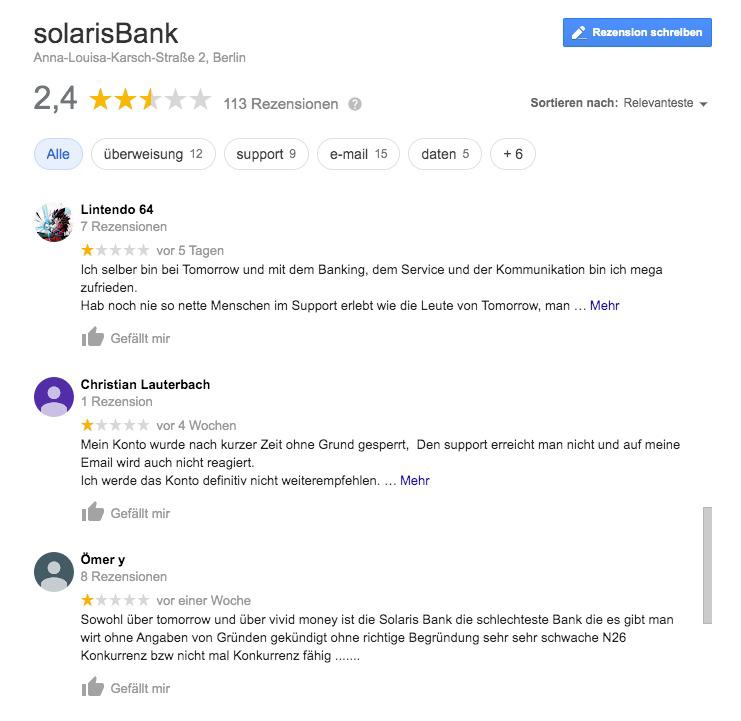 solarisBank Rezensionen Google - sortiert nach Relevanz