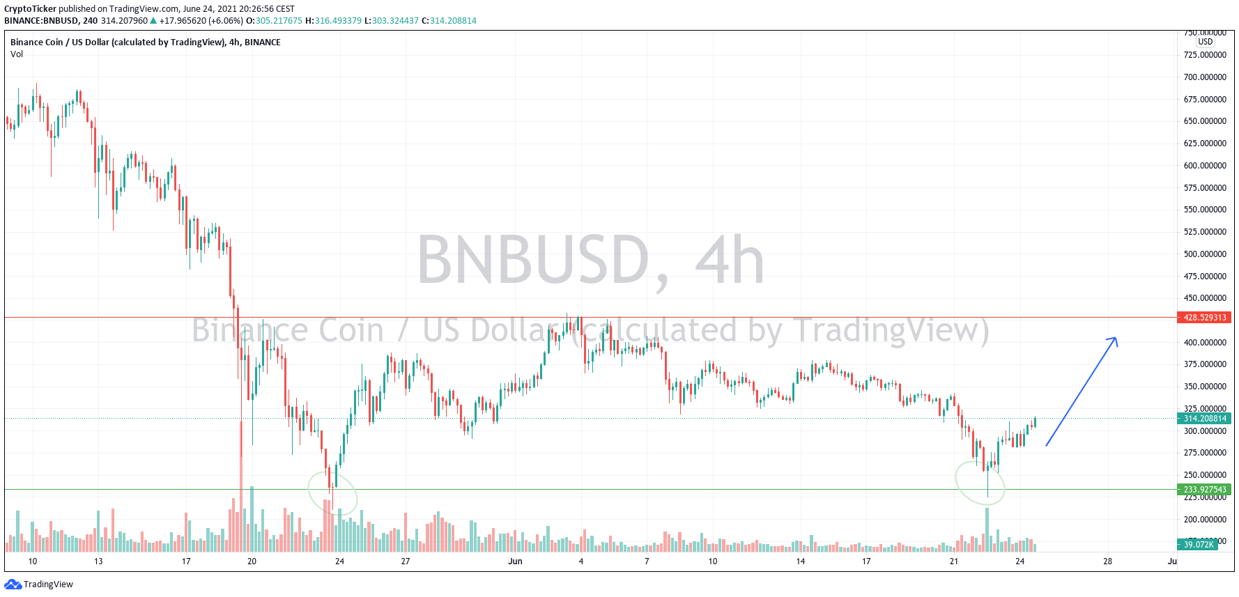 Buy BNB: BNB/USD 4-hours chart showing the strong buy zone of BNB