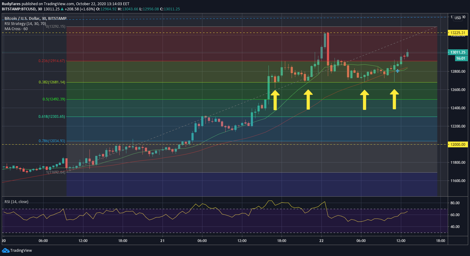 Trading View 30-minutes chart showing the support levels of Bitcoin for day traders
