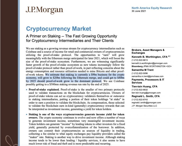 Here’s Why JPMorgan Chase Believes Ethereum Staking Would Become A $40B Industry