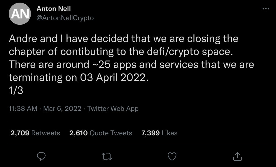 Andre Cronje Quits Cryptos